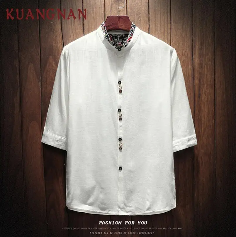 KUANGNAN, белая льняная рубашка в китайском стиле, Мужская Уличная одежда, мужские рубашки, повседневная облегающая Мужская рубашка с коротким рукавом, 5XL одежда, новинка - Цвет: White