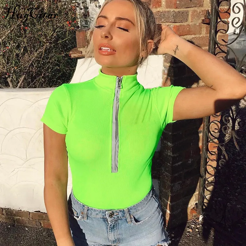 Hugcitar النيون الأخضر عالية الرقبة سستة عاكسة خليط قصيرة الأكمام ارتداءها 2019 الصيف النساء أزياء الشارع الشهير bodycon Hugcitar النيون الأخضر عالية الرقبة سستة عاكسة خليط قصيرة الأكمام ارتداءها 2019 الصيف النساء أزياء الشارع الشهير bodycon