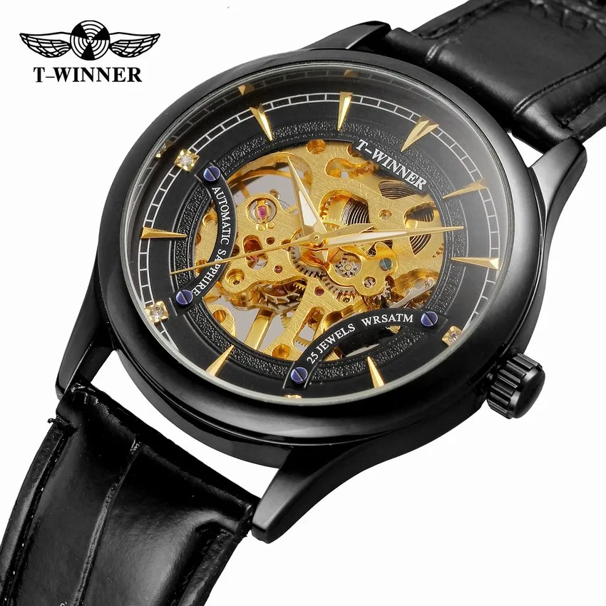 WINNER городской современный стиль Мужские Золотые механические часы со скелетонным циферблатом кожаный ремешок светящаяся рука шикарные T-WINNER наручные часы - Цвет: black gold