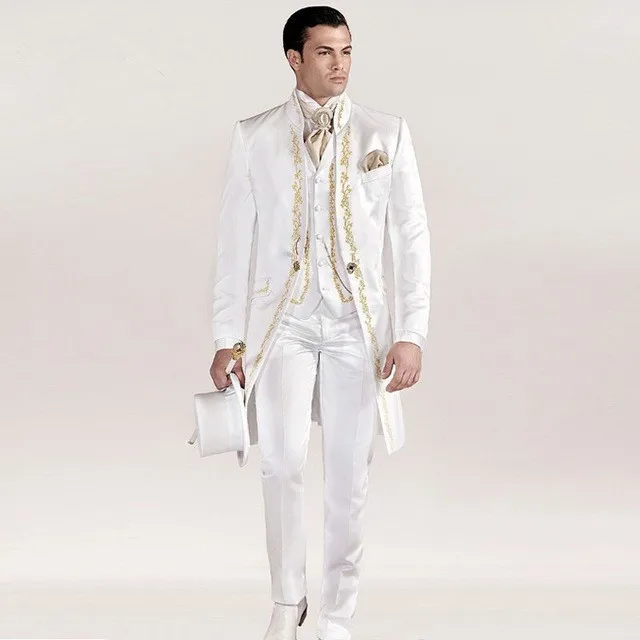Vintage White Tailcoat Printed Mens Suits Wedding Suits for Man Blazer