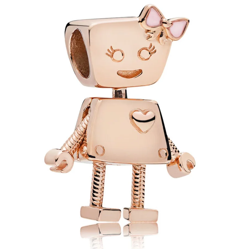 

New 925 Sterling Silver Bead Charm Rose Gold Cute Bella Bot Robot Beads Fit Pandora Bracelet Bangle Diy Jewelry