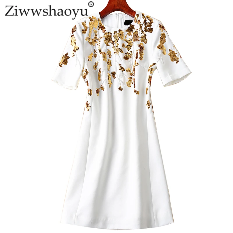 

Ziwwshaoyu Elegant Sequined Mini dresses Beading Floral O-Neck temperament Slim dress spring and summer new women
