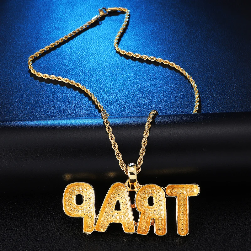 D&Z Men's Hip Hop Full Rhinestone TRAP Letters Pendant Necklace with Twisted Rope Chain Collier For Male