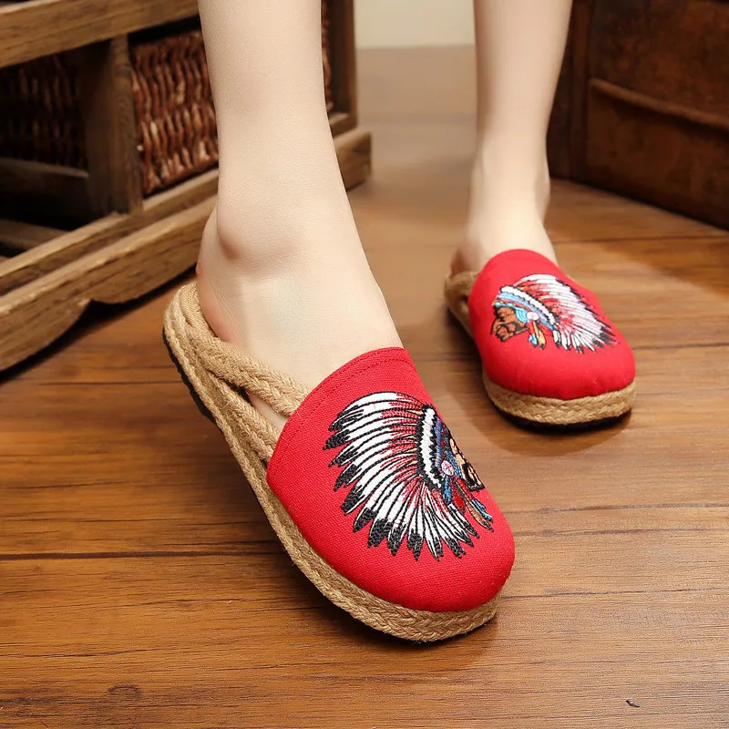 Bird Embroidered Summer Women Cotton Fabric Flat Slippers Handmade Comfortable Ladies Casual