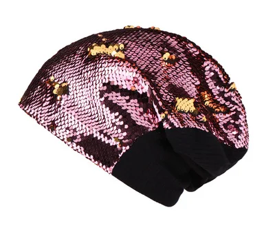 Женская вязаная шапка с блестками, повседневная Глянцевая шапка бини, шапка с переворачивающимся верхом, вязаная шапка с блестками, мягкая теплая шапка - Цвет: Розовый