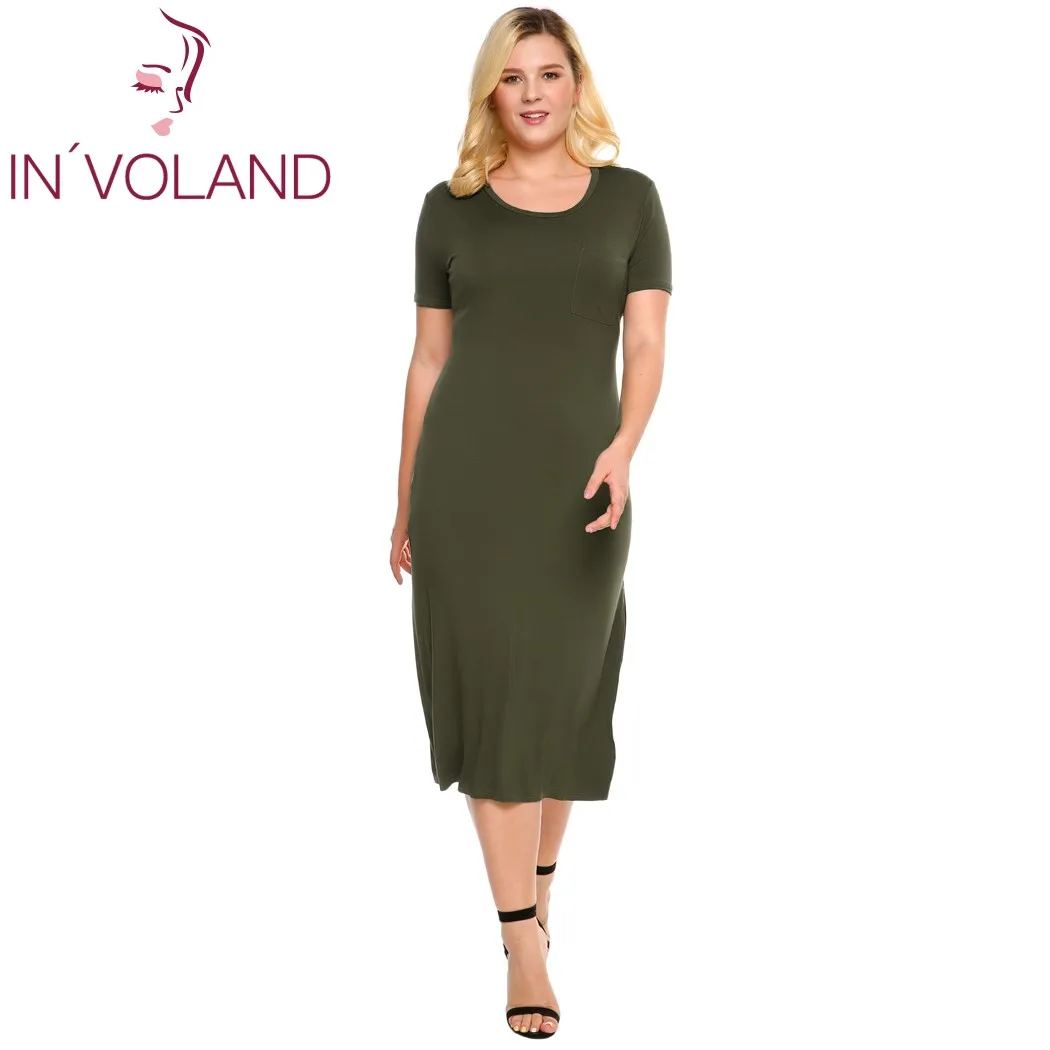 IN'VOLAND женское платье-карандаш размера плюс, летнее Повседневное платье с коротким рукавом, однотонное приталенное платье с разрезом по бокам и карманами, женские платья, размер d 5XL - Цвет: Army Green