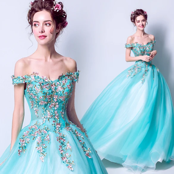 

Elegant Applique Prom Dresses 2019 Elegnat Off the Shoulder Formal Party Dress Fairy Women Lace Up Floor Length Graduation Gown