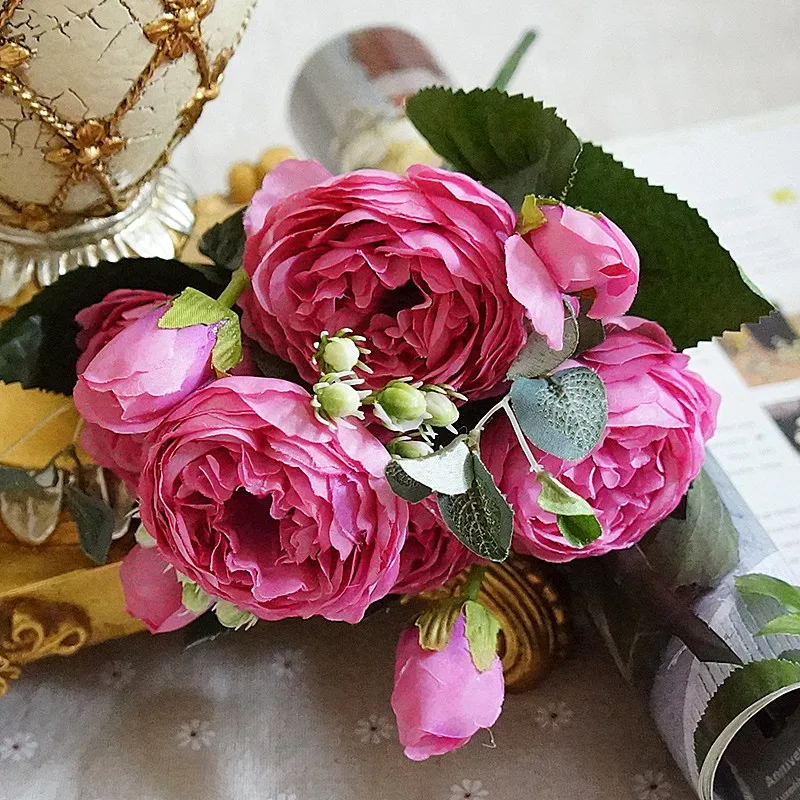 Шелк пион розы искусственный цветок маленький букет поддельные цветы для дома Свадебные вечерние Весенние Свадебные украшения для дома Флорес