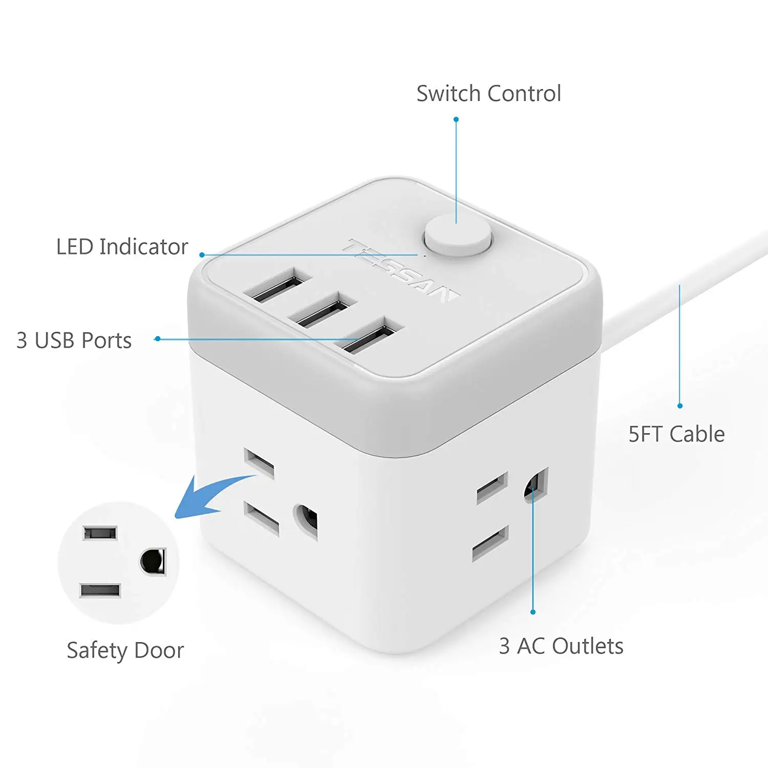 Tessan портативная мини-полоска питания с 3 USB переключателем управления, 3 розетки зарядная станция поп розетка для США 5 футовый удлинитель