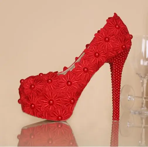 

Pearl high-heeled lace wedding shoes TG500, red and white princess shoes lace pearls round toe platforms round toe party shoe