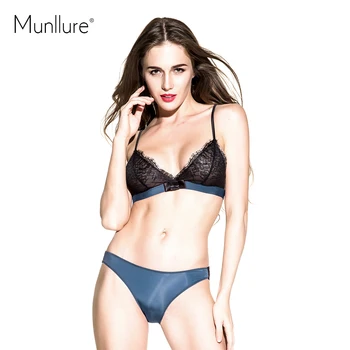 

Munllure Ultra-thin sexy lace bra set eyelash lace transparent thin wireless triangle bra and pantiles set women underwear set