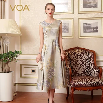 

VOA Silk Jacquard Women Vintage Dresses A-Line Printed Short Sleeve Brief Vestidos Female Fall Elegant Chinese Clothes A7612