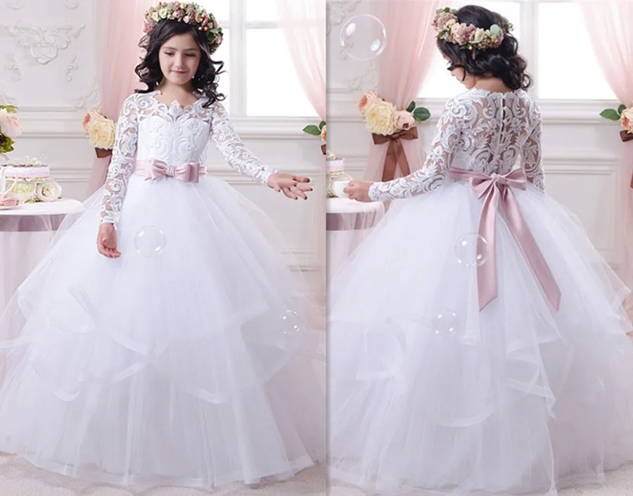 

Elegant Pageant Dresses for Juniors White Bow Sash O-Neck Long Sleeves Solid Flower Girls Girls Dresses First Communion Gown