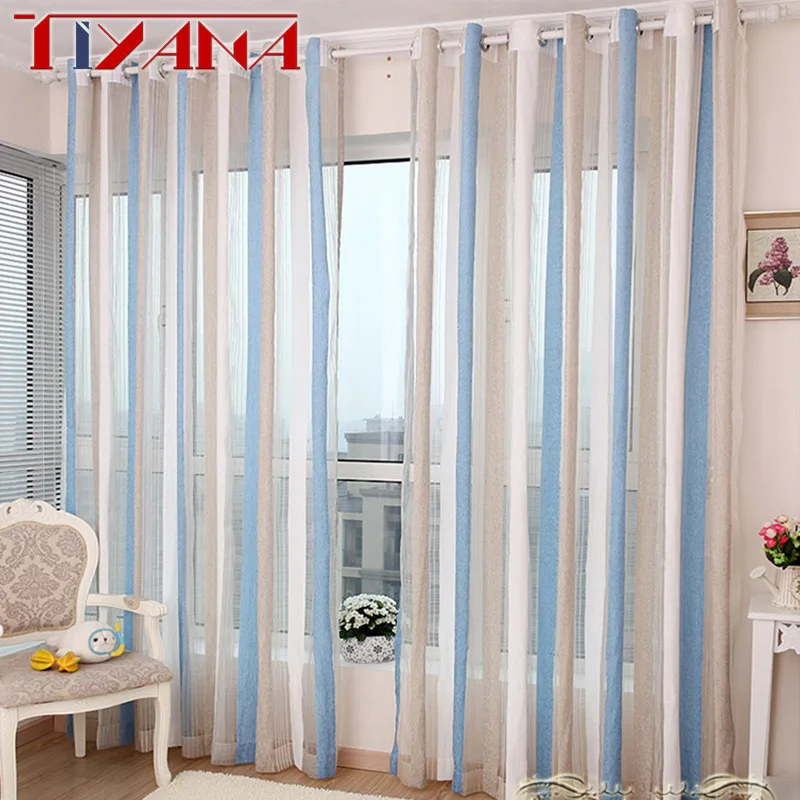 Nordic Style Blue Striped Chenille Window Tulle Curtains For