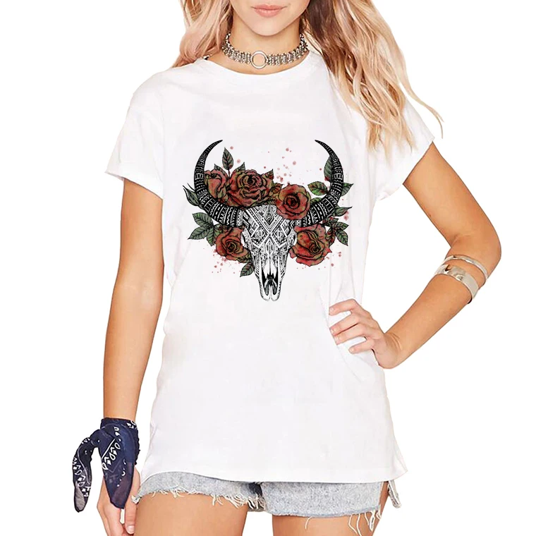 

Buffalo Skull & Roses watercolor Short Sleeves O-Neck Women T-shirts Street Tops Club Tees Fashion Print Buffalo Skull Tshirts