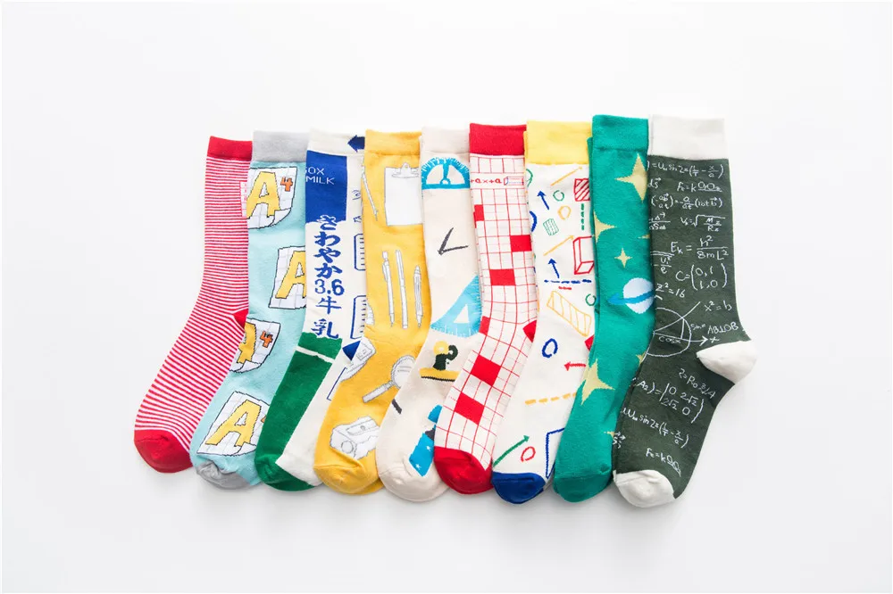Мужские носки с мультипликационным принтом «Молочная линейка», канцелярские товары, забавные хлопковые чулки в стиле Харадзюку в стиле хип-хоп