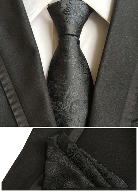 

mens fashion tie set pocket square black neckties business polyester silk hand tie handkerchief for men T008