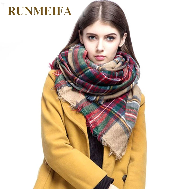 Женский кашемировый шарф RUNMEIFA зимний в клетку из пашмины треугольное полотенце