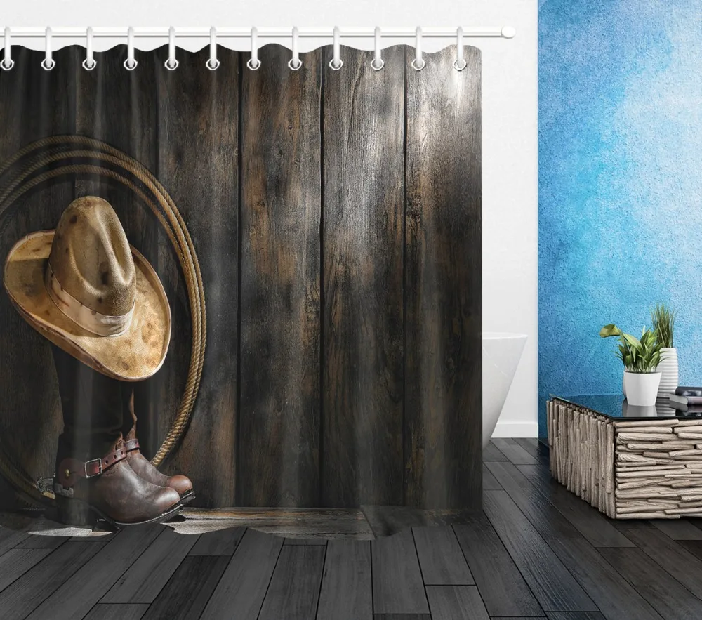 72 ''водостойкий материал для ванной занавески для душа 12 крючков комплект аксессуаров для ванной Американский Западный Ковбой фетровая шляпа на сапогах в деревянной каюте