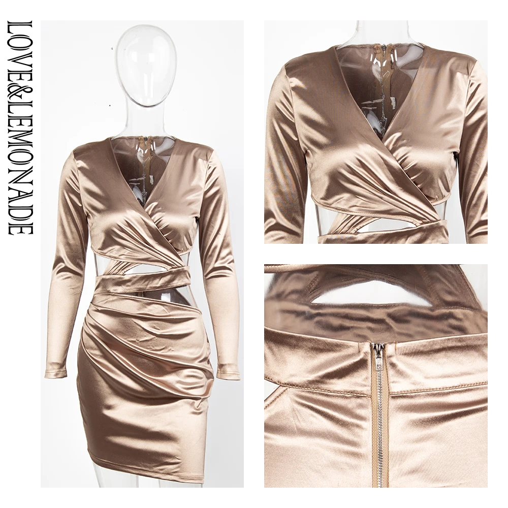 Love& Lemonade сексуальное платье цвета шампанского с глубоким v-образным вырезом и открытой спиной из эластичной ткани облегающее платье с длинными рукавами LM81676