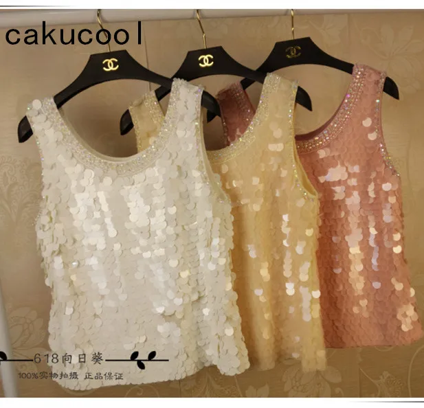 Cakucool Women Summer Beading Tanks Top Big O Neck Bling Sequined 
