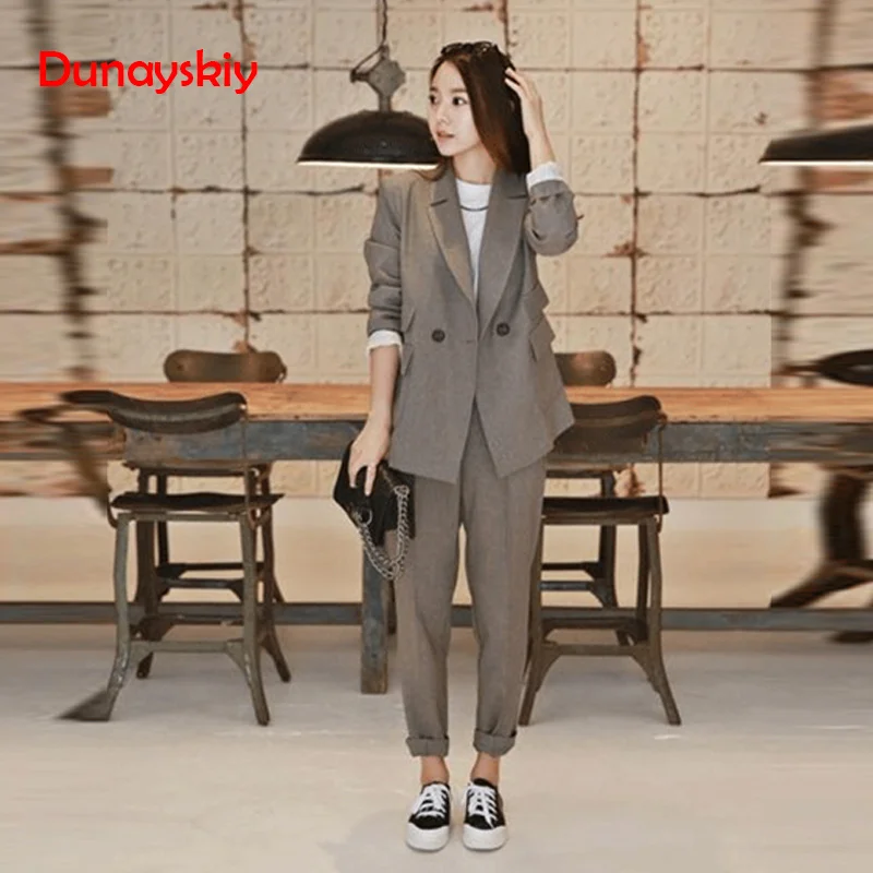 

2019 New Business Pant Suits High Quality Set Blazers Formal Women OL Elegant Plaid 2 Piece Sets Uniform Jackets Set