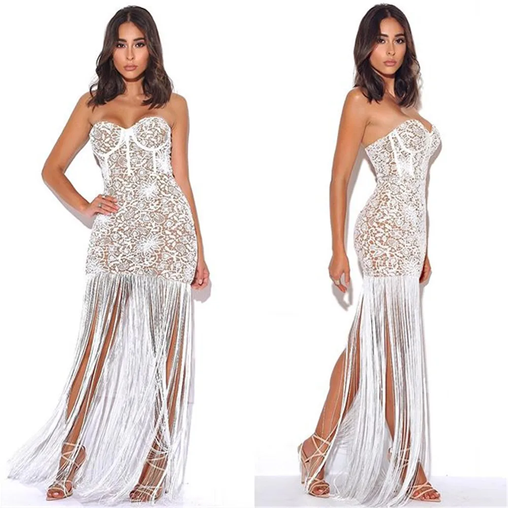 

2019 New Fashion Elegant Strapless white Tassel Design Sexy Wholesale Celebrity Party Superior Quality Rayon Bandage Dress