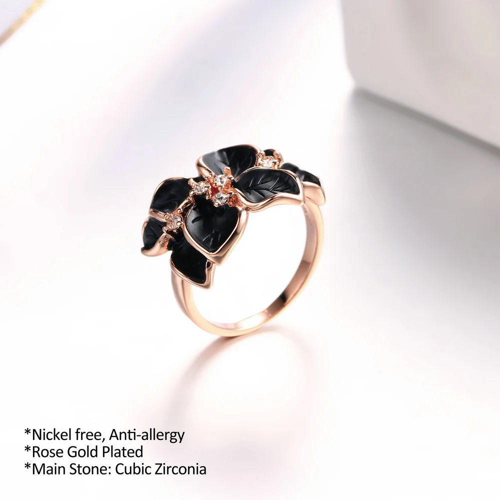 Double Fair Brand Romantic Leaf Black Drip oil Ring Rose Gold Silver Color Vintage Fashion Jewelry For Women DFR678 DFR679