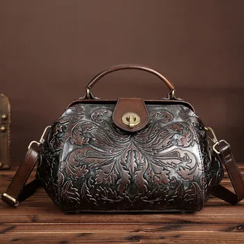 

Women Genuine Leather Embossed Handbag Brand Vintage Messenger Bags Floral Printing Bag with Lock Leather Bag Shoulder Bag