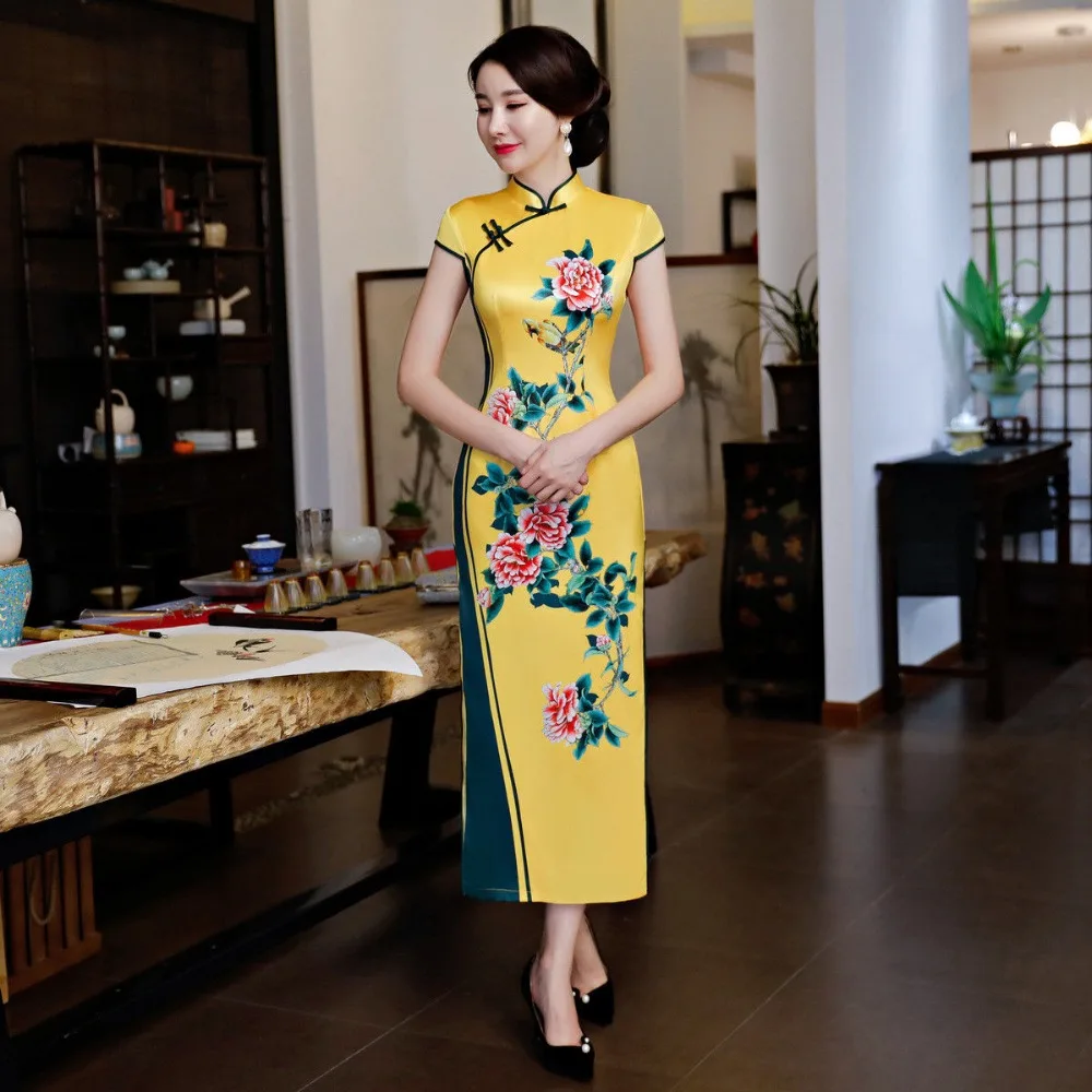 Chino tradicional dama largo Cheongsam seda de las mujeres de verano vestido de baile vestido M-3XL - 1