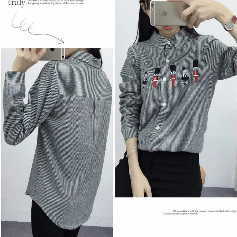 2016 New Spring and Autumn Womens Shirt Blouse Cat Embroidery Long Sleeve Women Shirts Casual Tops Size M-XL10