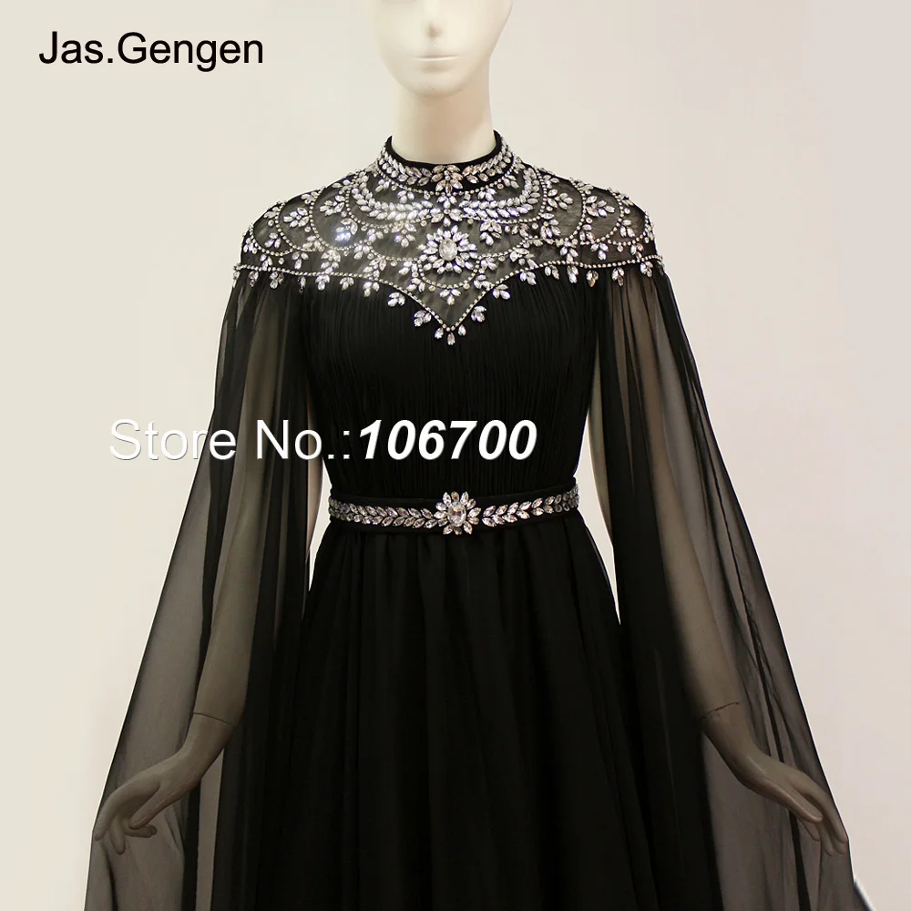 Arabian Style Crystal Beading Evening Dresses Full Length Sleeve Black Illusion High Neck Chiffon Prom Gown 1122
