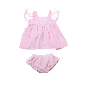 

Pink Newborn Baby Girl Clothes 2017 Summer Lace Bow Dress Tops+Ruffles Skirted Baby Bloomers Shorts 2PCS Outfit Baby Clothes