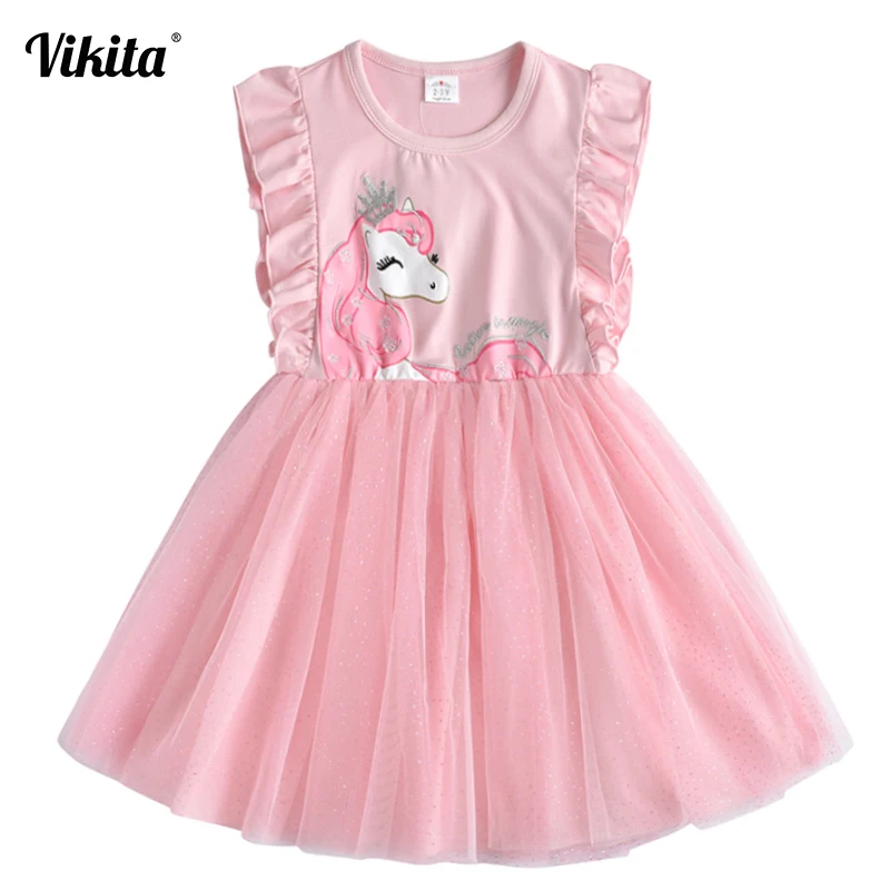 

VIKITA Girls Dress Flare Sleeve Kids Cartoon Dresses Children Unicorn Vestidos 2019 Girls Dresses Summer Kids Dress For Girls