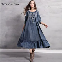 Женское джинсовое платье, винтажное большое свободное платье, женское платье с оборками, женские платья с круглым вырезом и рукавом средней длины, а-силуэт, с вышивкой, Vestidos