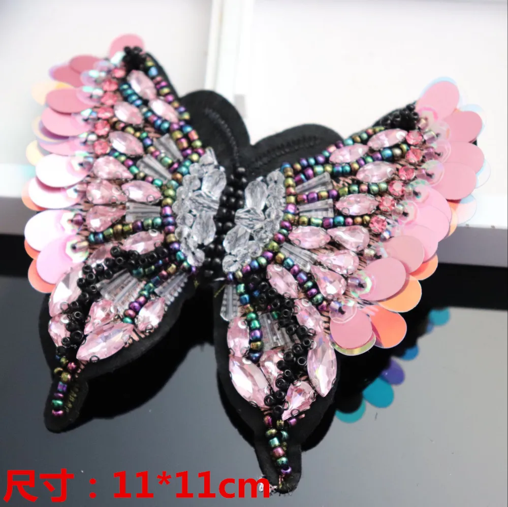 

large handmade beaded sequin Rhinestone 3D pink butterfly patch applique for DIY coat shoes brooch sew-on size:11*11cm