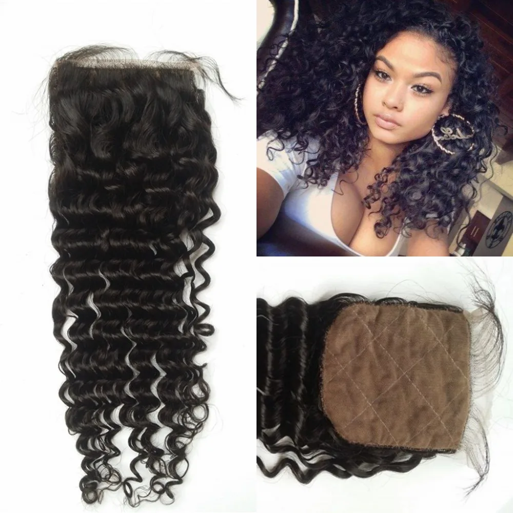 

Free Shipping 4x4 silk base closure Deep Wave Virgin Hair Peruvian curly closure free parting middle parting 3 way parting
