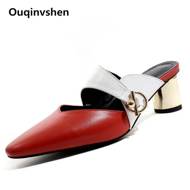

Ouqinvshen Cow Leather High Heel Slippers Mixed Colors Plus Size Fashion Sexy Red Women Summer Slippers Pointed Toe Ladies Shoes
