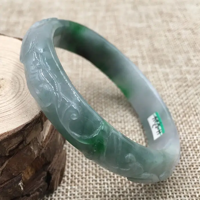 

A-5724 Vintage Chinese Hand-carved Green Jadeite Jade Gems Bracelet Bangle 57mm