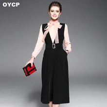 OYCP розовые блузки с бантом Рубашка+ черные широкие свободные штаны женский костюм из двух предметов офисный костюм