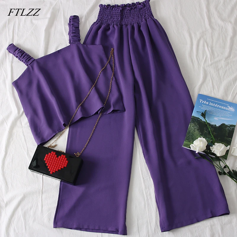 

FTLZZ Women Two Piece Set Outfits Sexy Strap Top + Elastic High Waist Calf-length Loose Pants Suits Woman 2 Pcs Set
