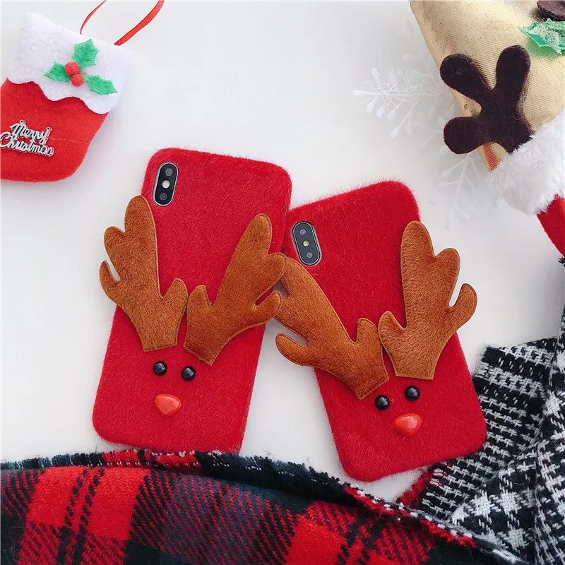 Aoweziic Christmas three-dimensional elk antler for iphone xs max  phone case 6s 7plus red plush velvet anti-fall  soft shell 8 