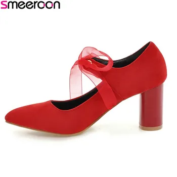

Smeeroon 2018 new style Size 33-48 fashion 7cm high heels square heels pointed toe pumps shallow with riband sweet women shoes