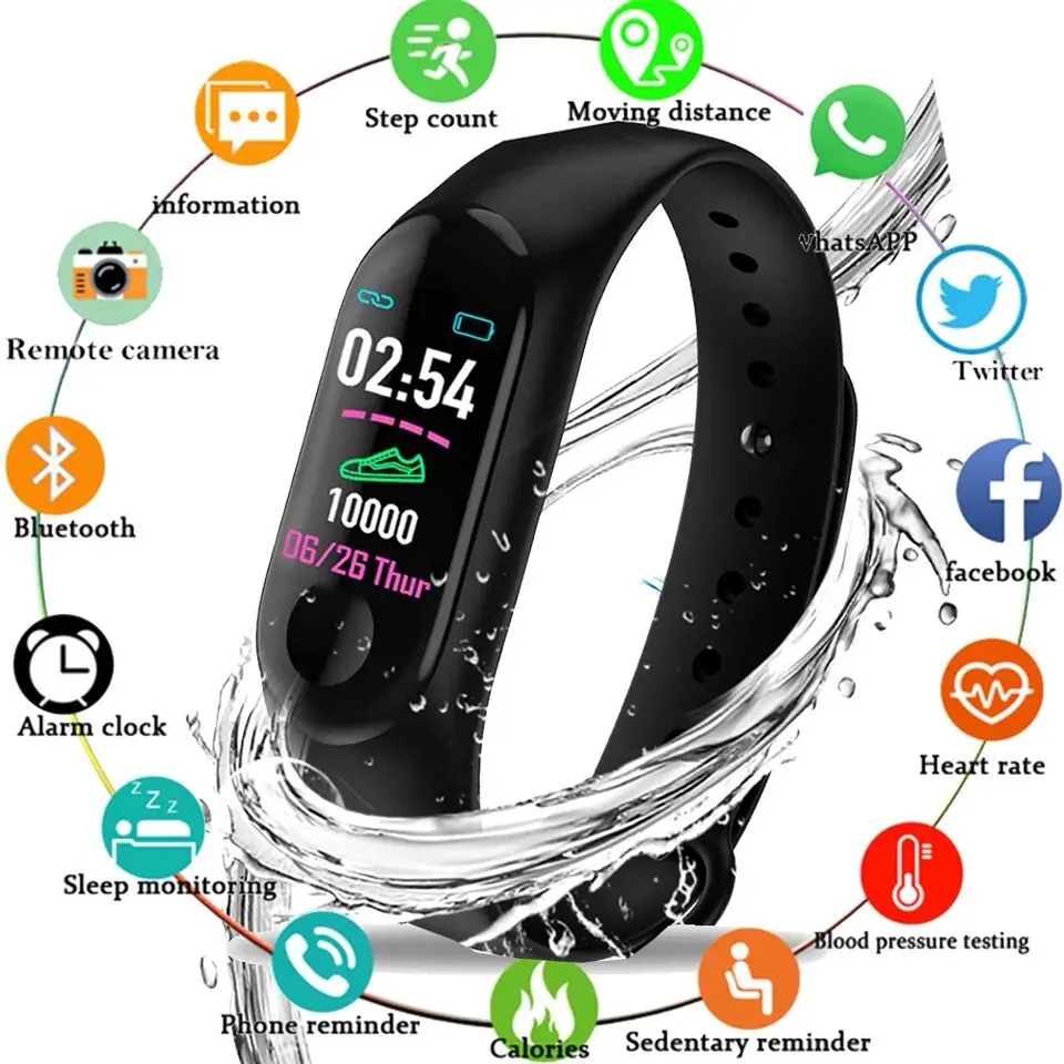 M3 Smart Watch Heart Rate Blood Pressure Color Screen Sports Step Bluetooth Bracelet IP65 Waterproof Watch Connect Android iOS