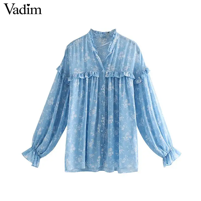 

Vadim women elegant floral print chiffon blouse ruffles long sleeve female shirts chic pleated tops blusas LB146