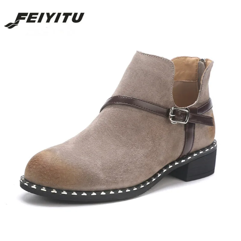

feiyitu Women Ankle boots Shoes Pig Suede Leather Strap Med Heels Boots Ladies Zip Female casual Boots Rivet Autumn Spring 2018