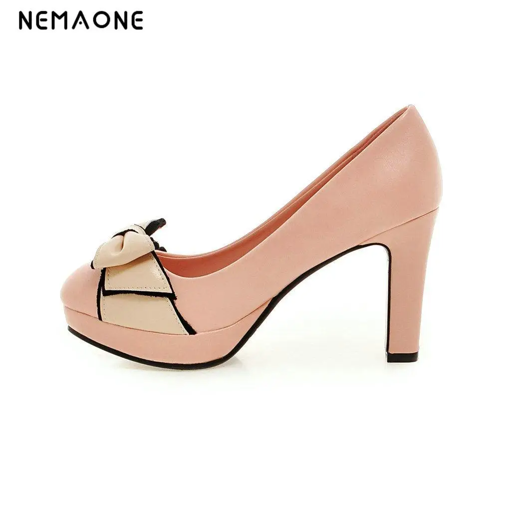 

NEMAONE shoes women 2017 fashion square high heels bowtie square heel pumps elegant big size women single shoes