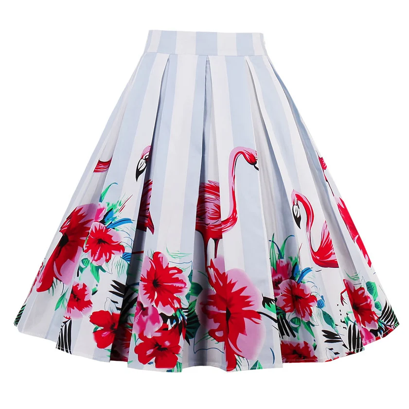Kostlish Flamingos Print Summer Skirts Womens 2017 High Waist Pleated Skirt Vintage A-Line Casual Big Swing Women Midi Skirt (7)