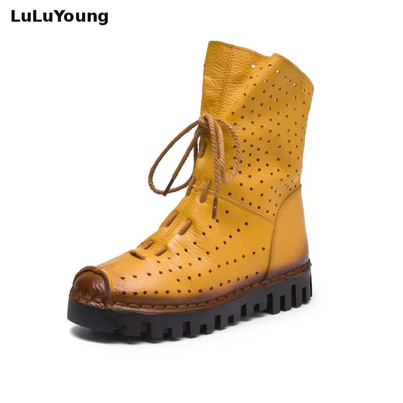 

Genuine Leather Boots With Side Zippers Holes Women's Shoes Summer Boots