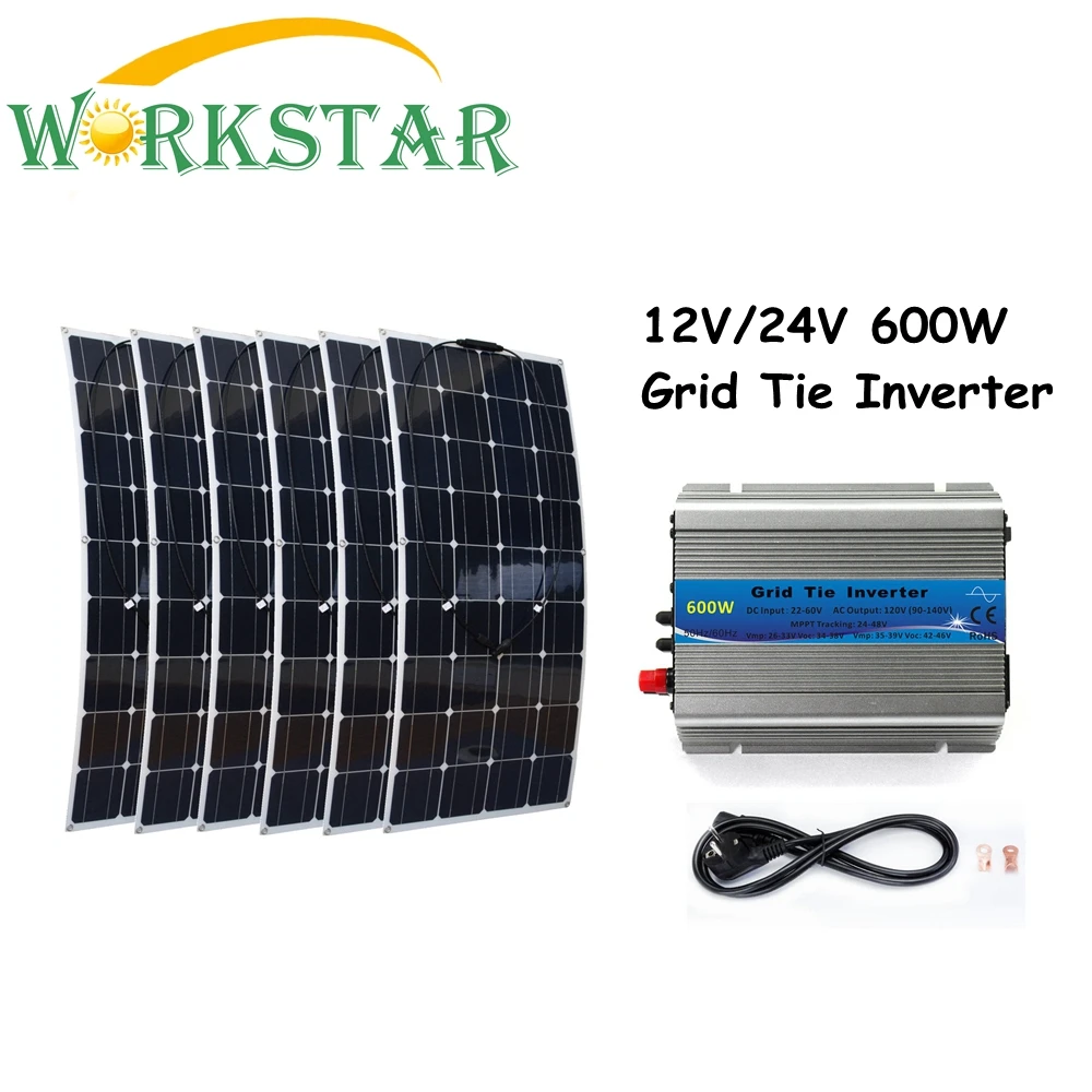 

6*100W Flexible Solar Panels Solar Module with 600W Grid Tie Pure Sine Wave Inverter 600W Houseuse Grid Tie Solar System